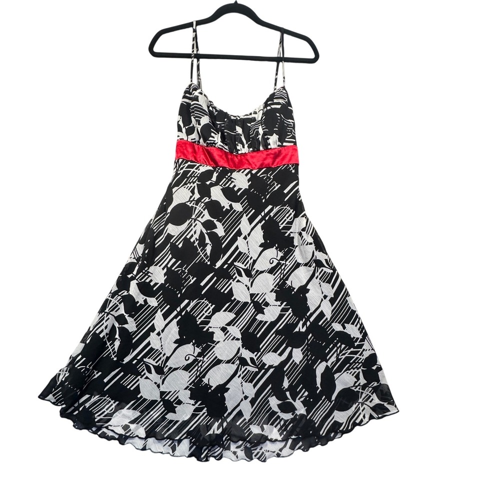 Studio Y Midi Dress Women XL Black White Red Bow Y2K Abstract Floral Party Retro